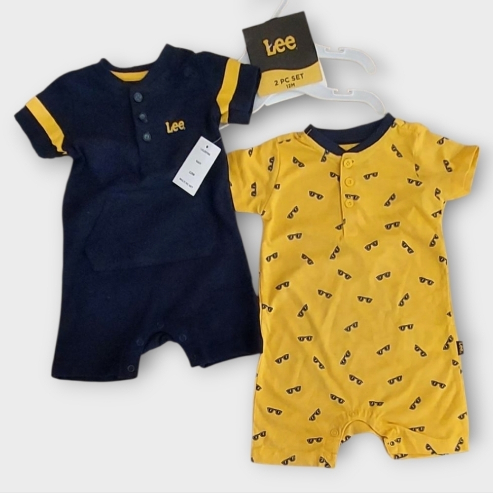 NWT Lee Baby 2 PC Rompers in Navy and Yellow ~sz 12 M
